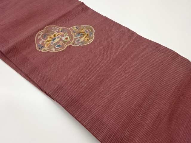 紗紬変わり鳥に抽象花葉模様織出し名古屋帯